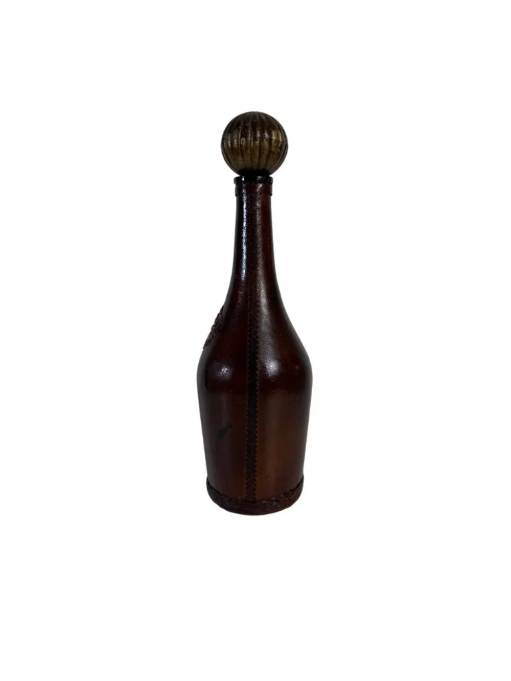 Italian Leather Covered Decanter Bottle Globe Stopper VTG MCM Barware Decor